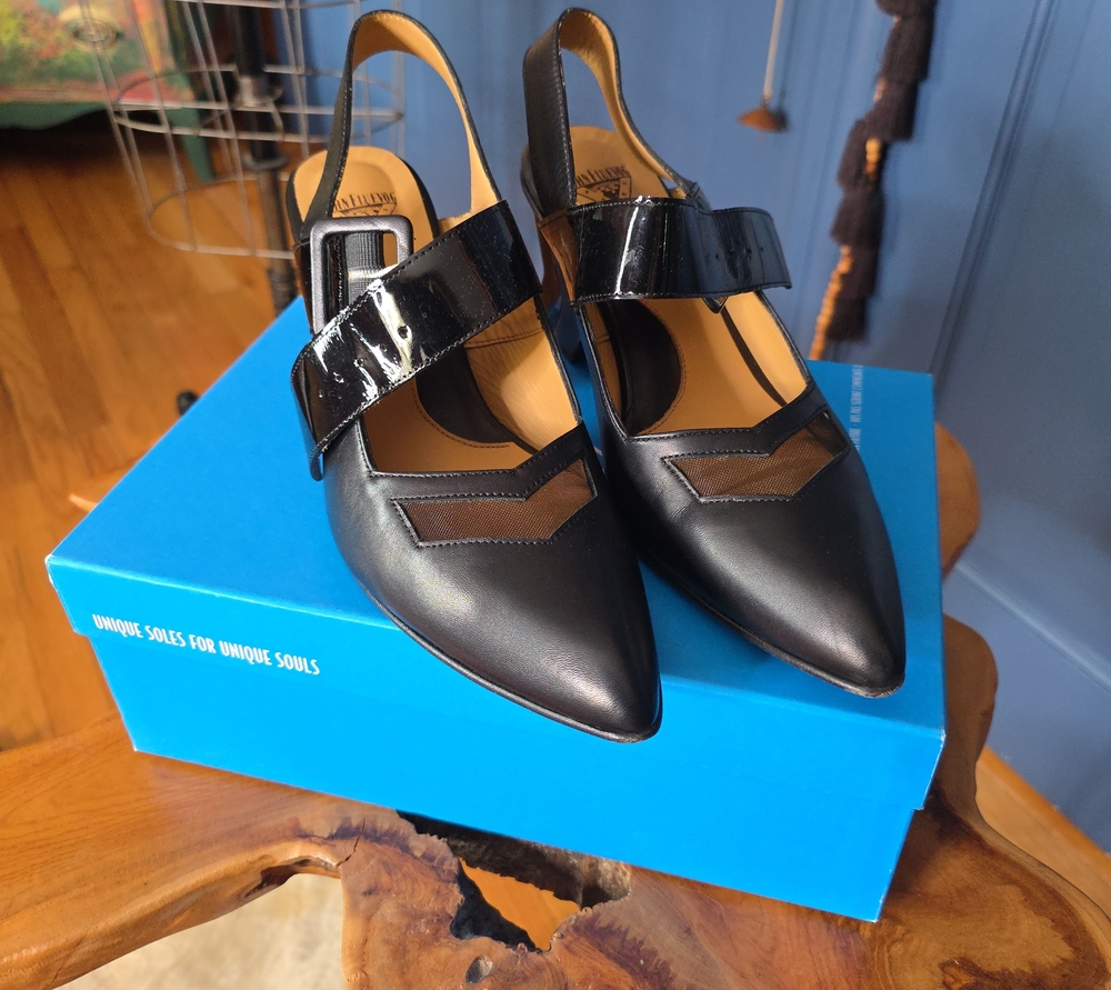 John Fluevog Black Pointed Slingback Mules with Patent Strap